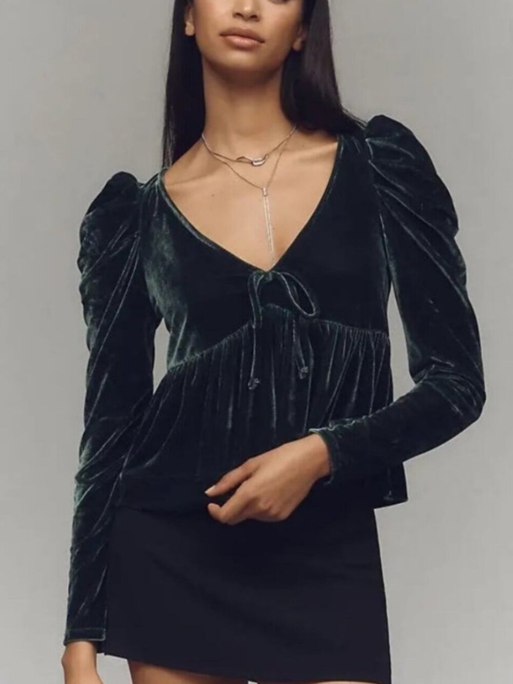 Maeve Anthropologie Deep Green Velvet Tie-Front Puff Sleeve Peplum Top XXS